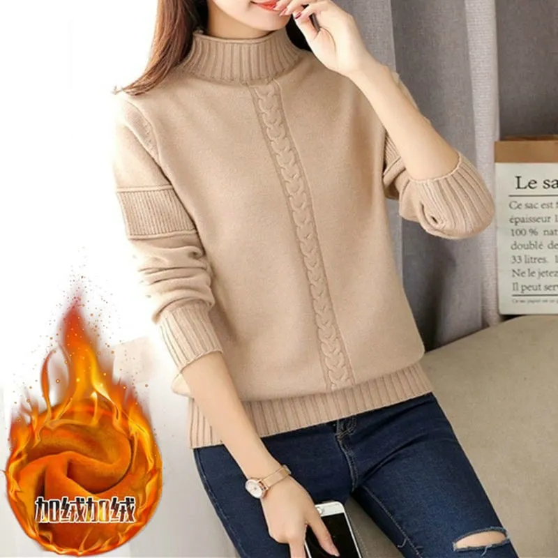 Wenkouban PEONFLY Korean Style Turtleneck Sweater Women Solid Elastic Knitted Soft Pullover Sweater Female Fashion Pullovers Jumper