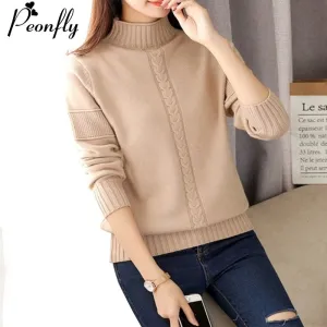 Wenkouban PEONFLY Korean Style Turtleneck Sweater Women Solid Elastic Knitted Soft Pullover Sweater Female Fashion Pullovers Jumper