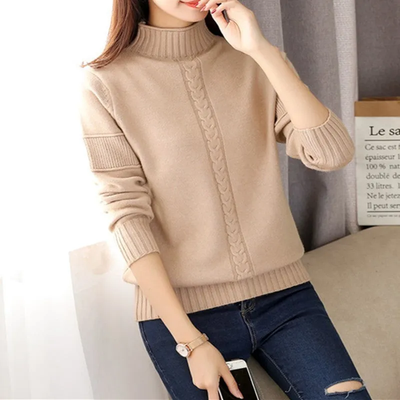 Wenkouban PEONFLY Korean Style Turtleneck Sweater Women Solid Elastic Knitted Soft Pullover Sweater Female Fashion Pullovers Jumper