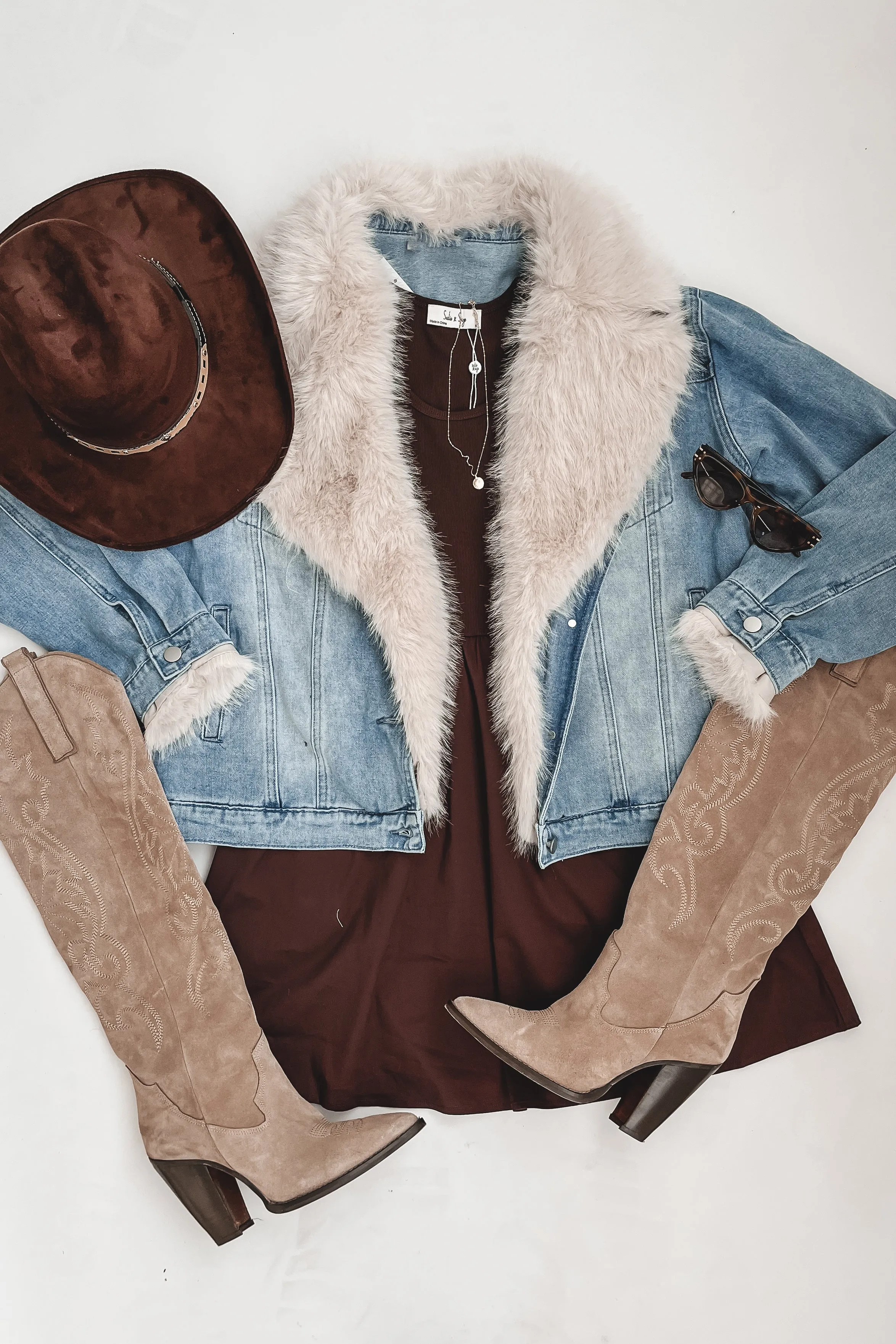 Western Glam Denim Faux Fur Coat