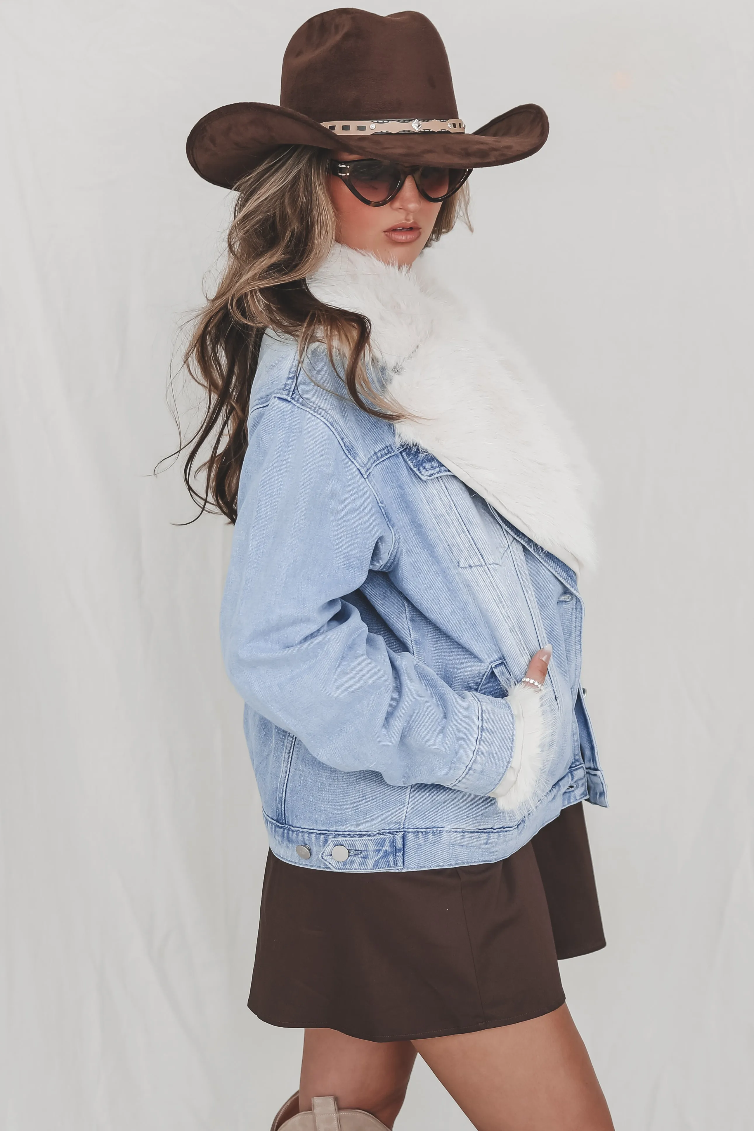 Western Glam Denim Faux Fur Coat