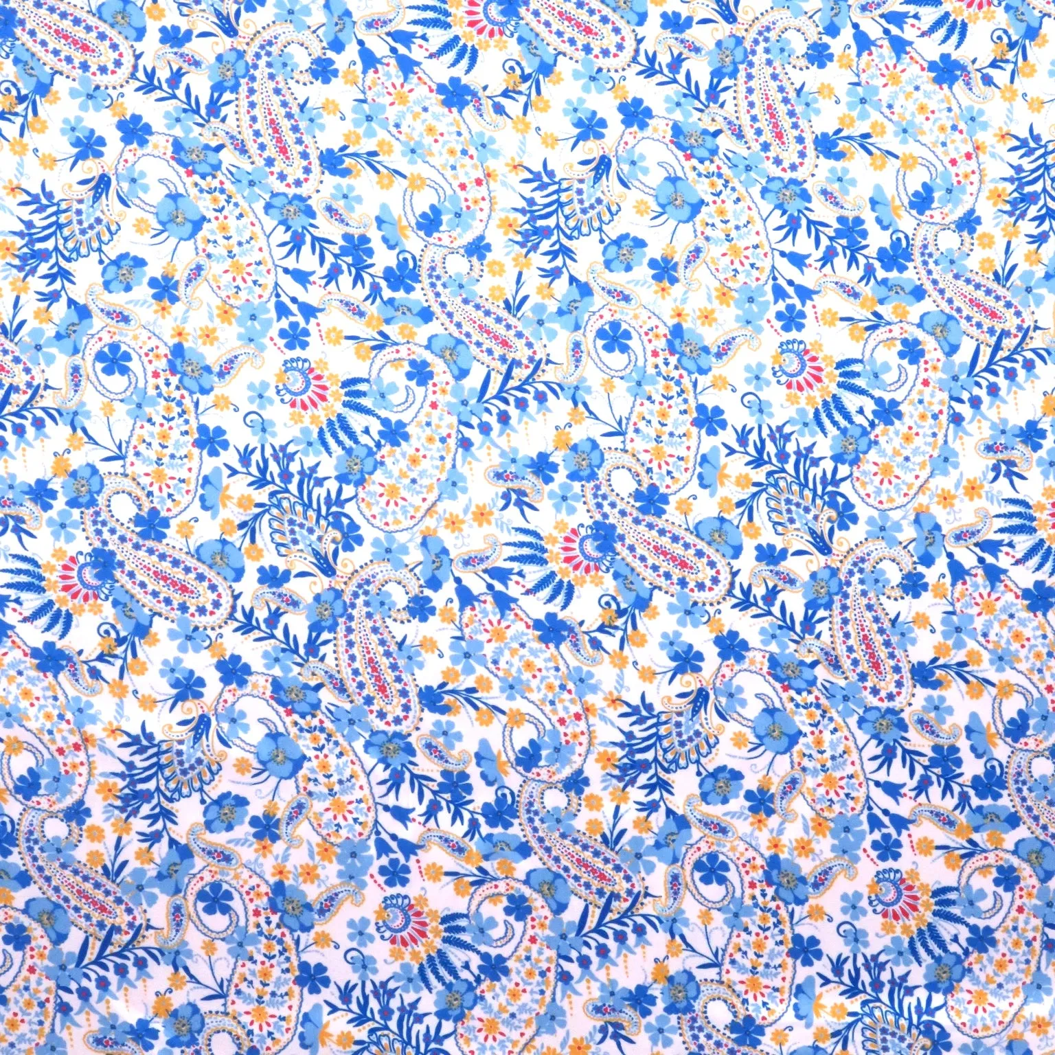 White and Blue Floral and Paisleys Printed Silk Charmeuse Fabric