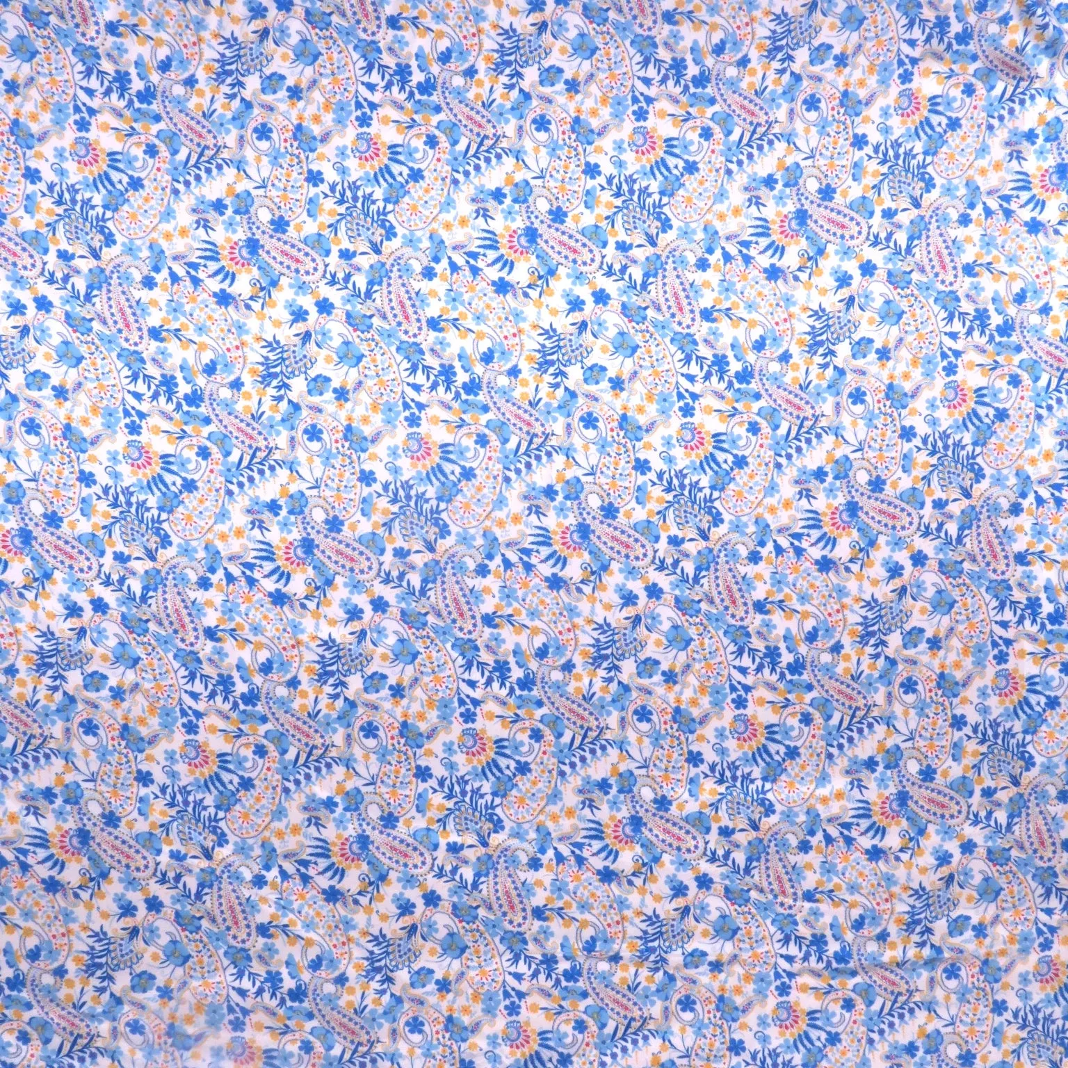 White and Blue Floral and Paisleys Printed Silk Charmeuse Fabric