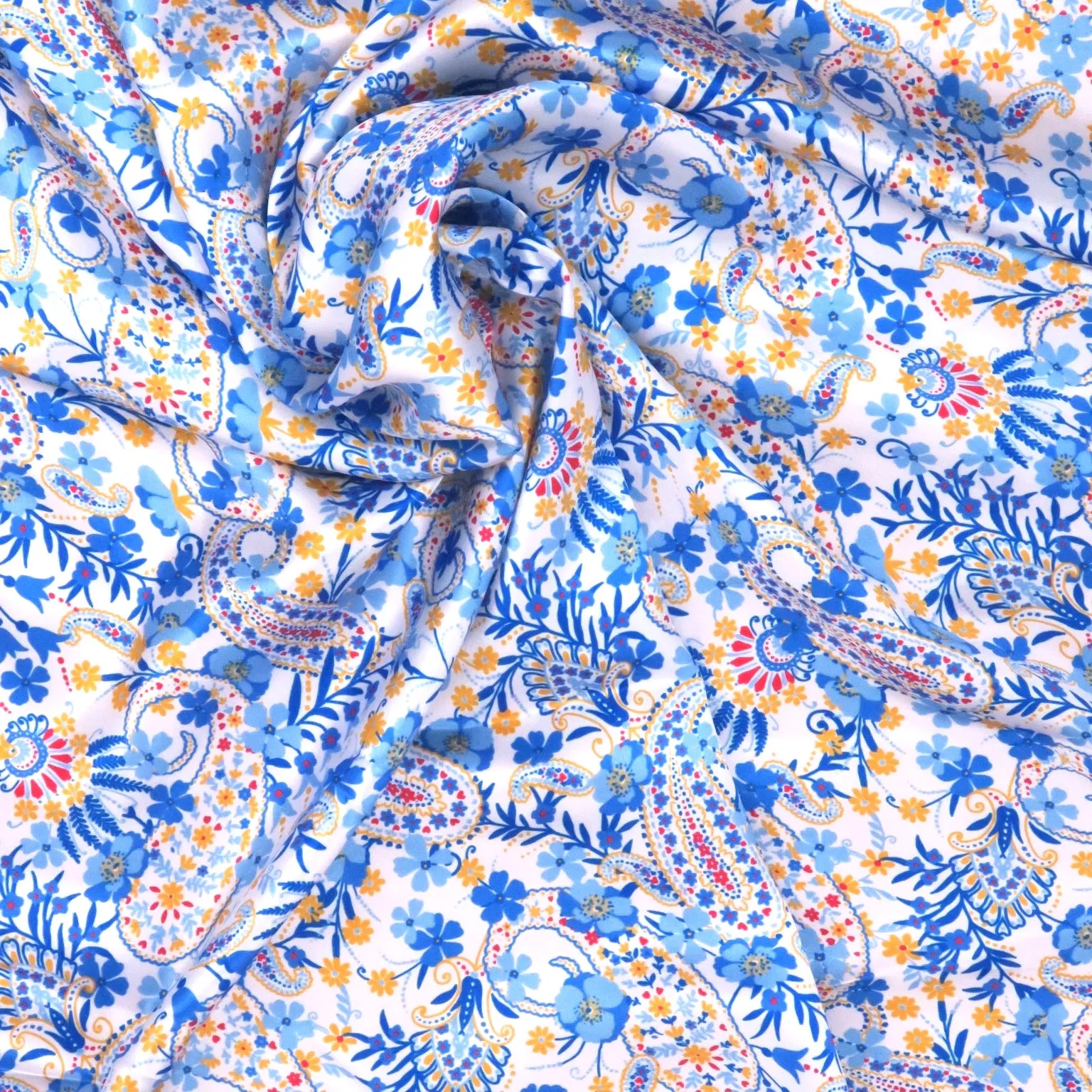 White and Blue Floral and Paisleys Printed Silk Charmeuse Fabric