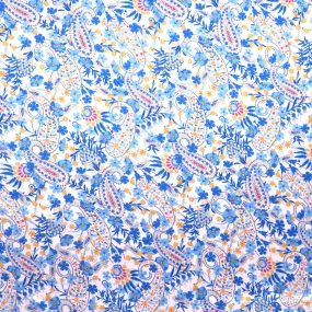 White and Blue Floral and Paisleys Printed Silk Charmeuse Fabric