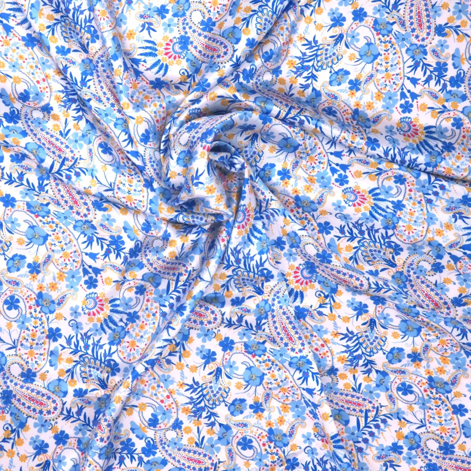 White and Blue Floral and Paisleys Printed Silk Charmeuse Fabric