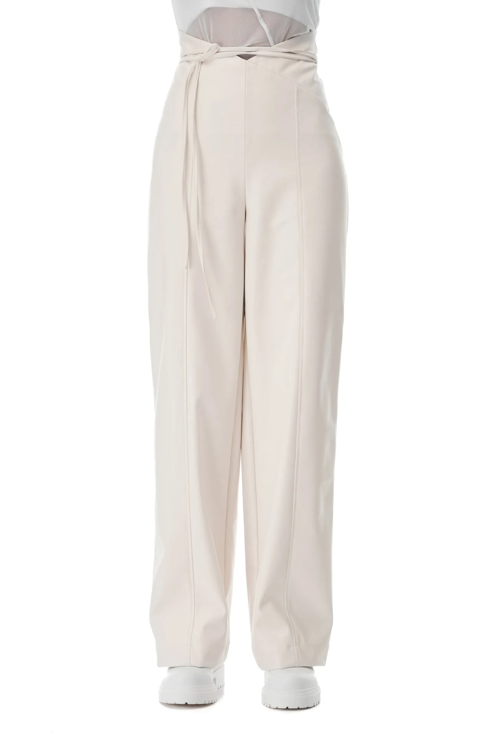 White Faux Leather V-cut Pants