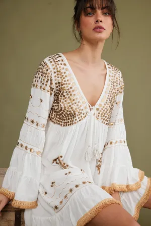 White Tunic Dress with Gold Embroidered Sequin