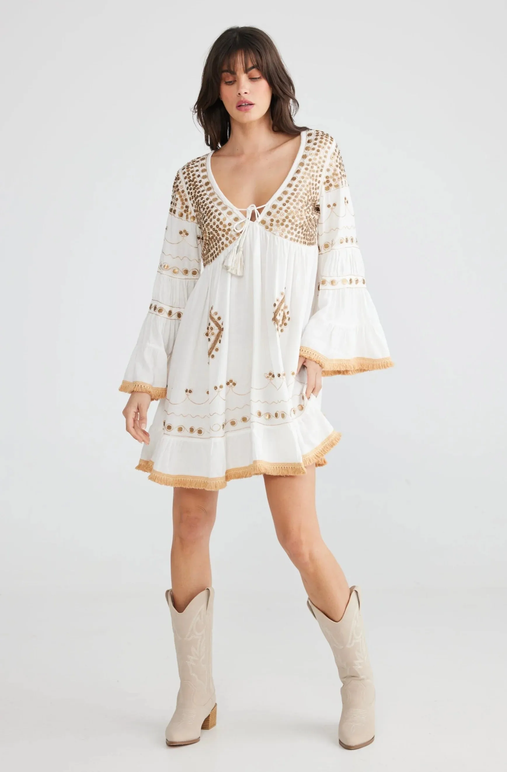 White Tunic Dress with Gold Embroidered Sequin