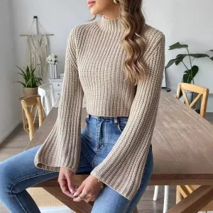 Women Short Cropped Top Woven Sweater Autumn Winter Bell Sleeve Half Turtleneck Pullover