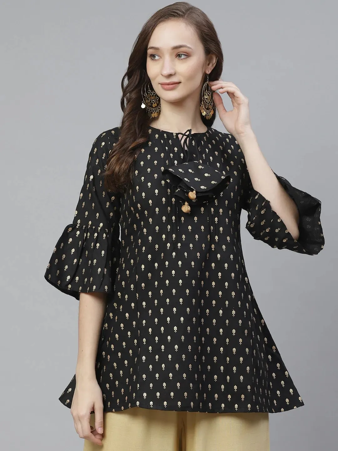 Women'S Black & Gold-Toned Printed Tunic