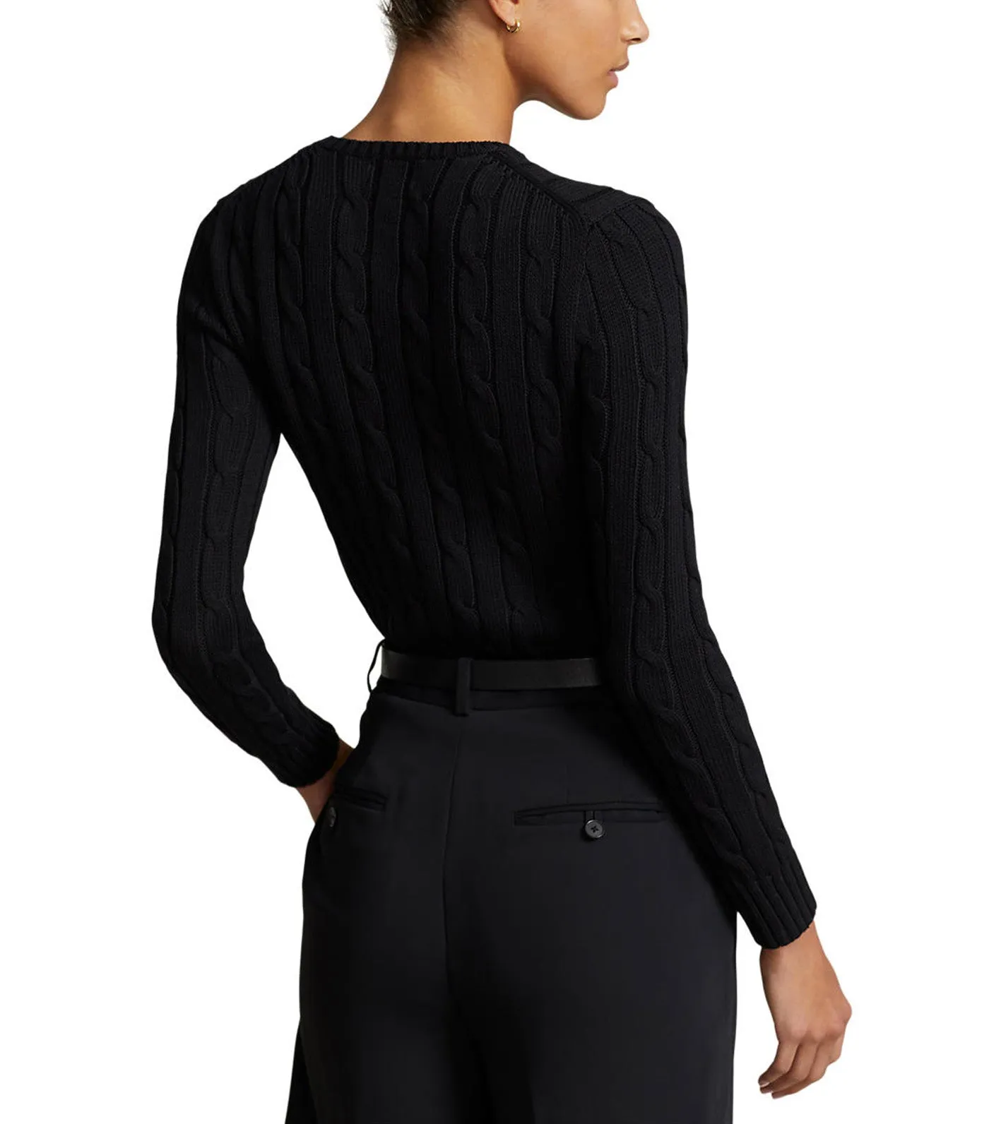 Women's Cable-Knit Cotton Crewneck Sweater Polo Black