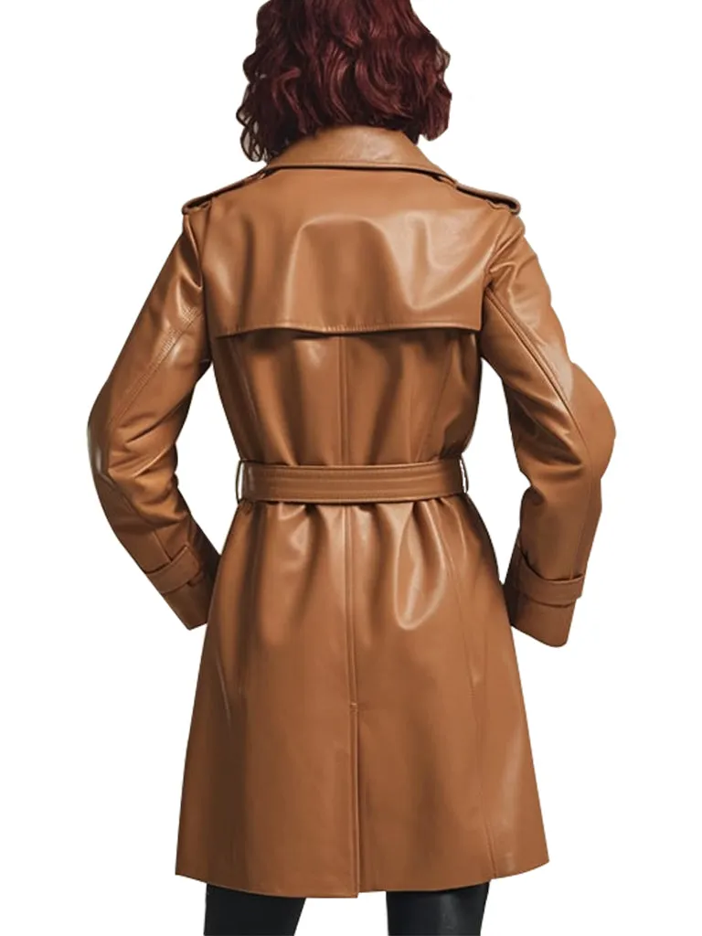 Women's Camel Double-Breasted Leather Trench Coat