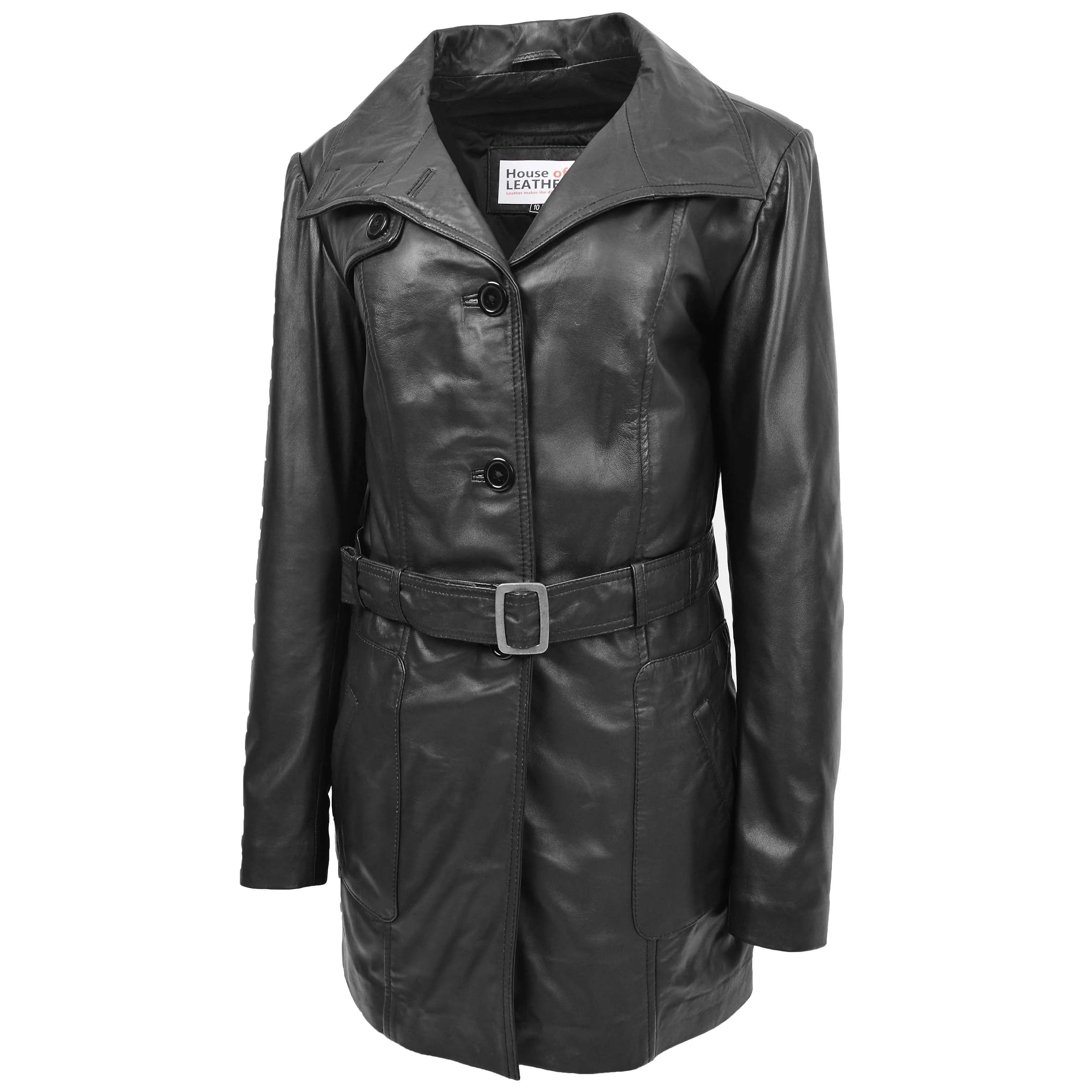 Womens Leather Trench Coat with Belt Shania Black