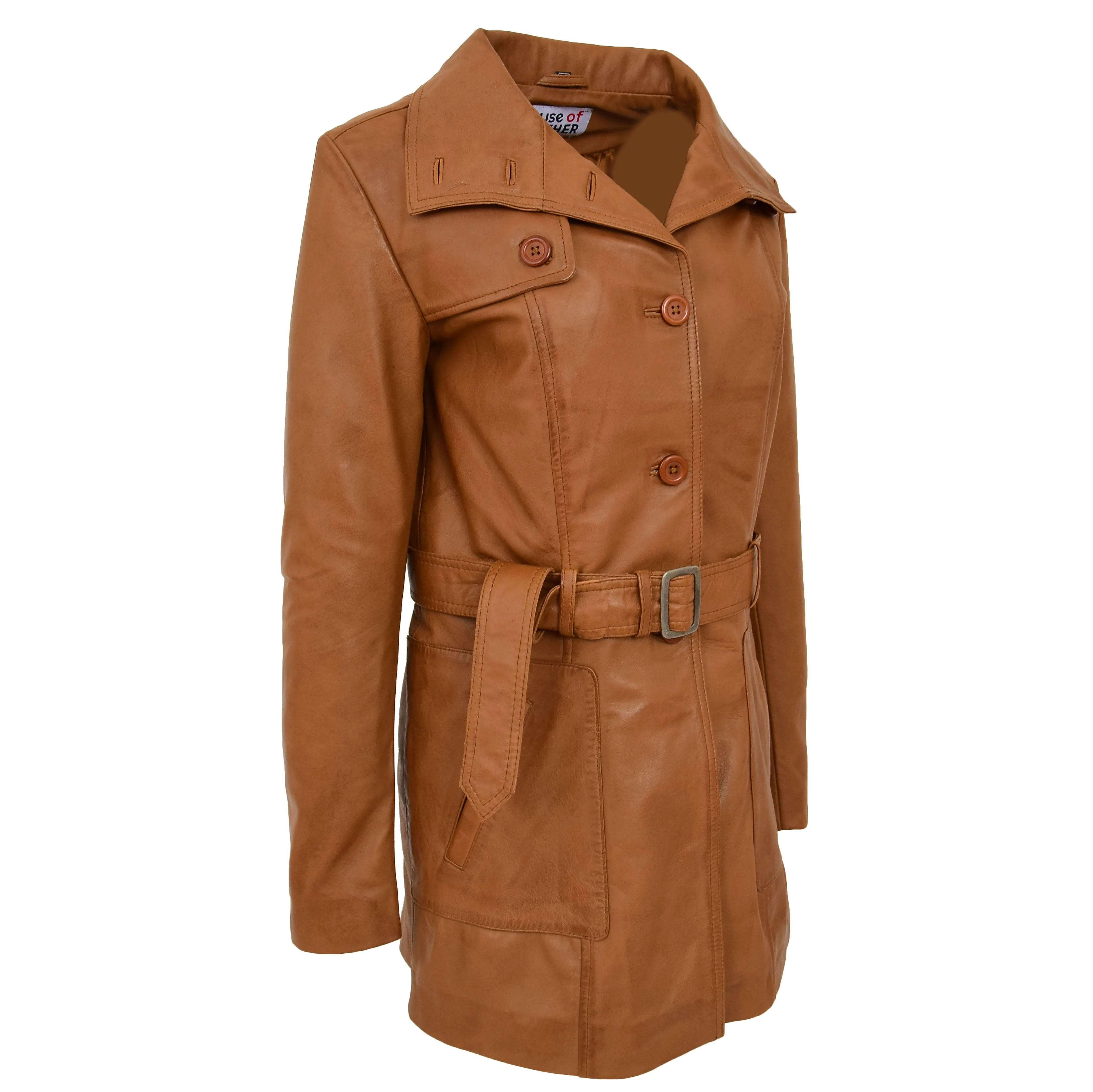 Womens Leather Trench Coat with Belt Shania Tan