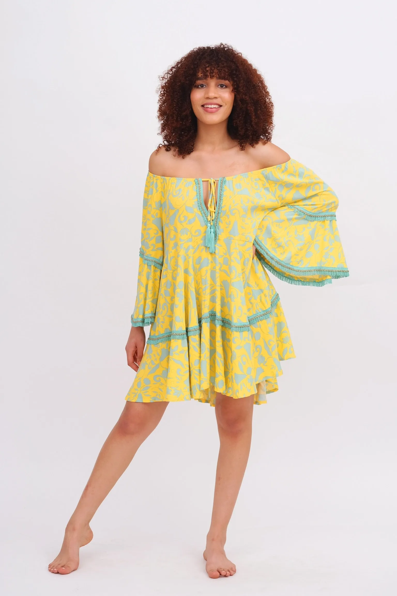 Yellow & Aqua Off the Shoulder Dress