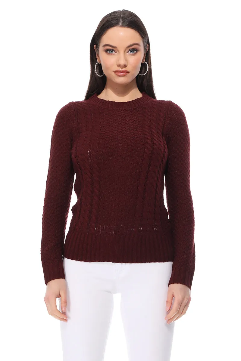 Yemak Women's Round Neck Long Sleeve Cable Knitted Sweater Pullover MK3312