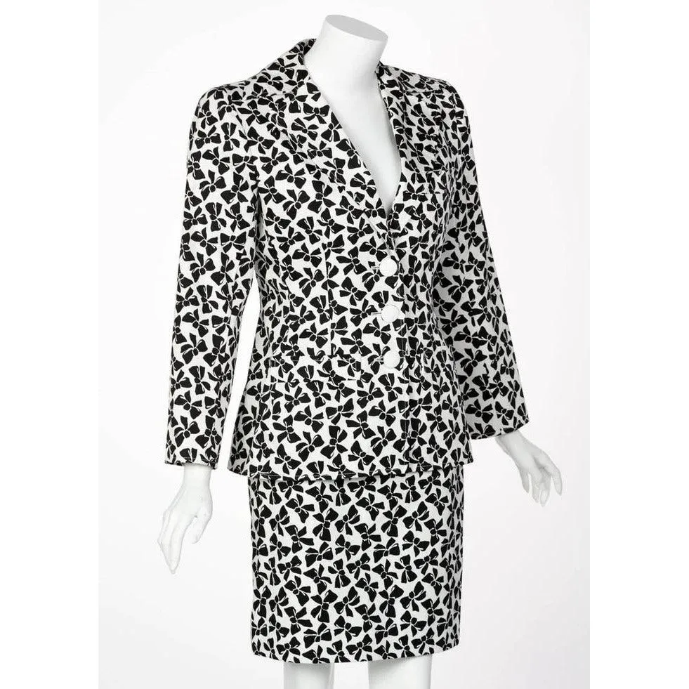 YVES SAINT LAURENT Cotton Black and White Bow Print Skirt Suit, 1980s | Size 42 FR