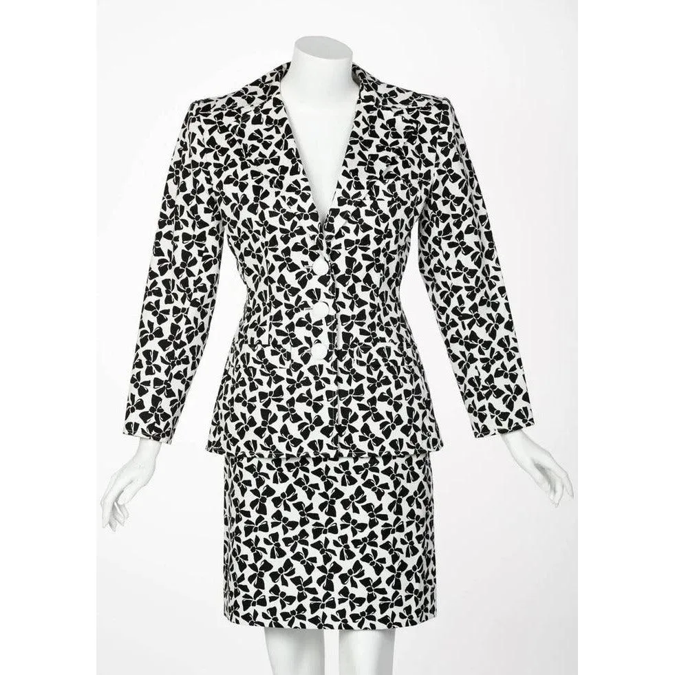 YVES SAINT LAURENT Cotton Black and White Bow Print Skirt Suit, 1980s | Size 42 FR