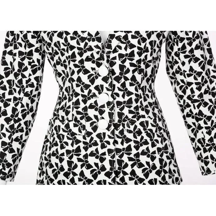 YVES SAINT LAURENT Cotton Black and White Bow Print Skirt Suit, 1980s | Size 42 FR