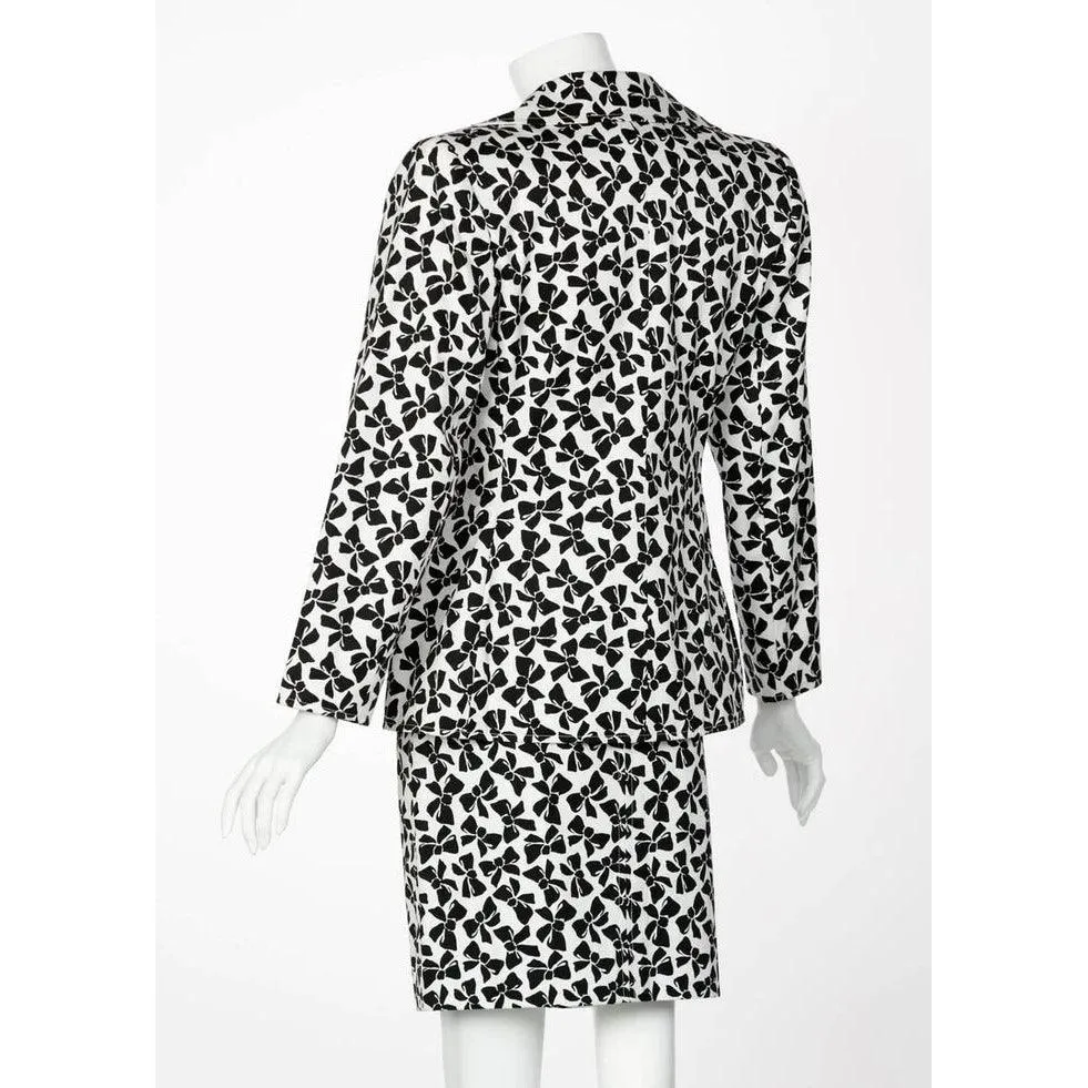 YVES SAINT LAURENT Cotton Black and White Bow Print Skirt Suit, 1980s | Size 42 FR